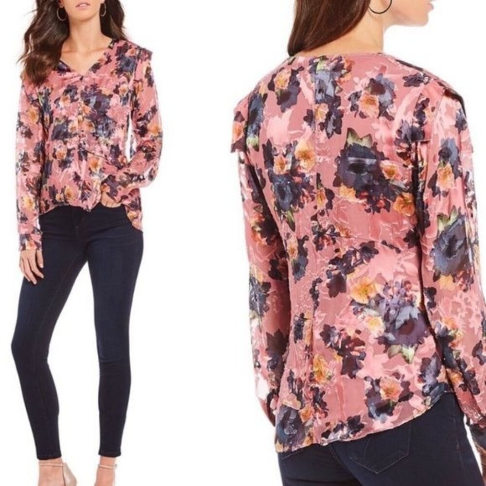 Nicole Miller Artelier Floral Silk Blouse Size P Size XS Long Sleeve Pink New